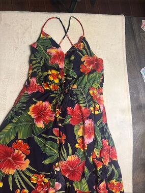 Lulu's Navy Strapless Tropical Maxi Dress with Red & Green Floral Print